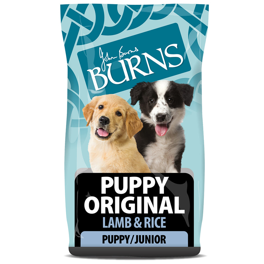 Burns Puppy Original Lamb & Rice dog food bag for puppies and junior dogs, promoting healthy growth and digestion.