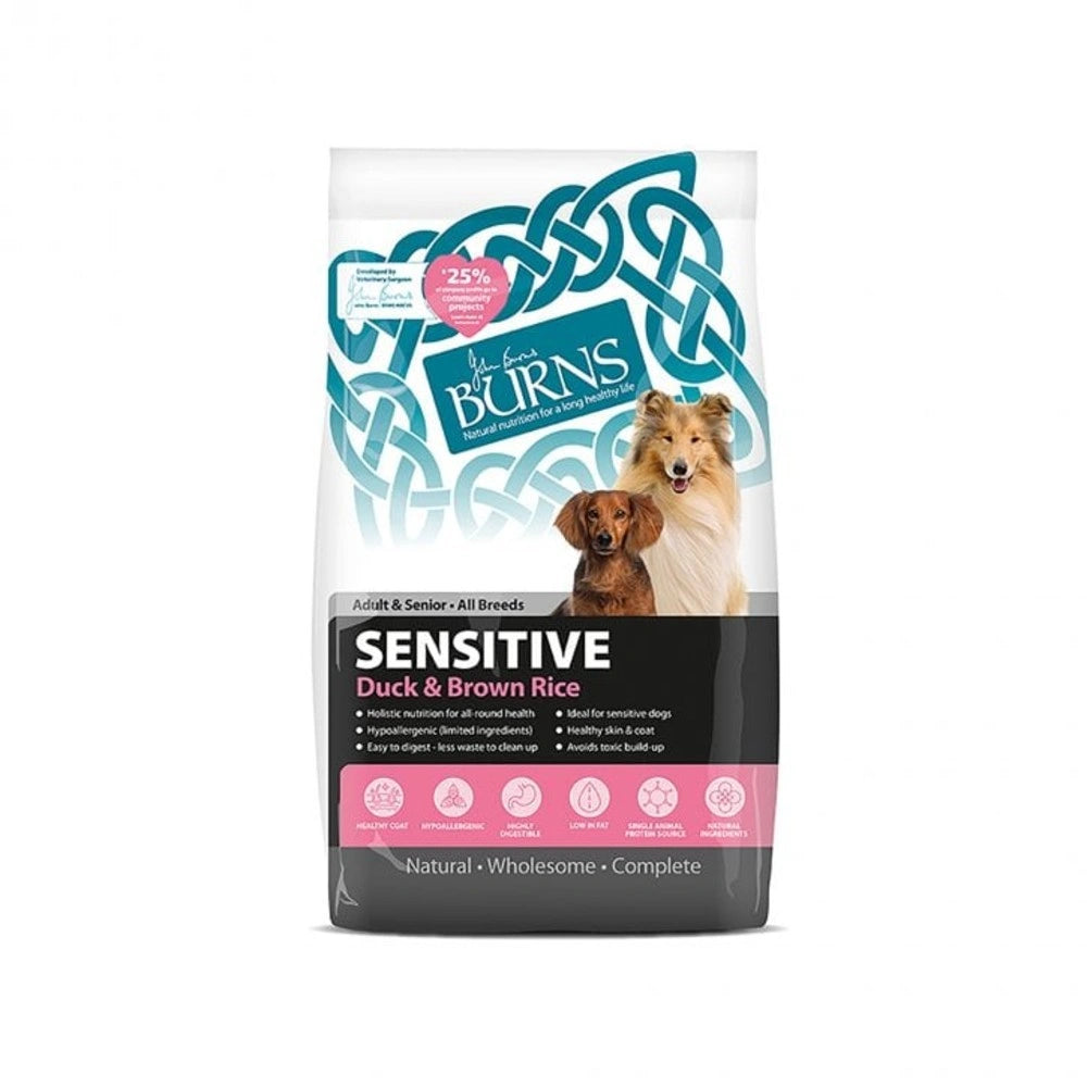 Burns Sensitive Duck & Brown Rice Adult & Senior Dog Food  for sensitive skin and digestion.