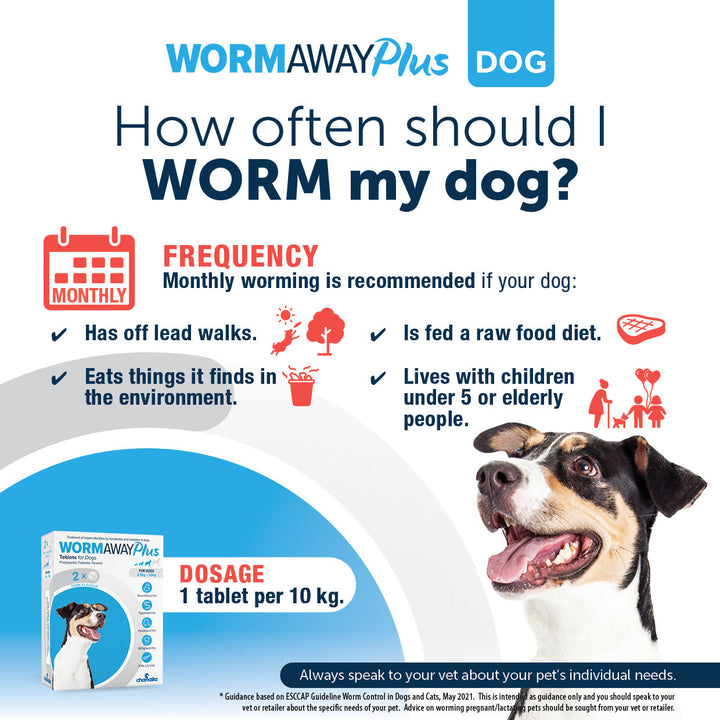 How often should I worm my dog: monthly worming recommended for dogs on off lead walks, raw fed, scavenging or living with young children or elderly people. Dosage 1 tablet per 10kg
