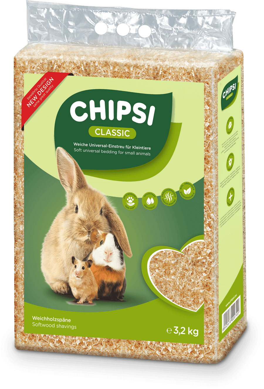 Chipsi Classic small animal bedding 60L 3.2kg presspack, front of pack with rabbit, guinea pig and hamster