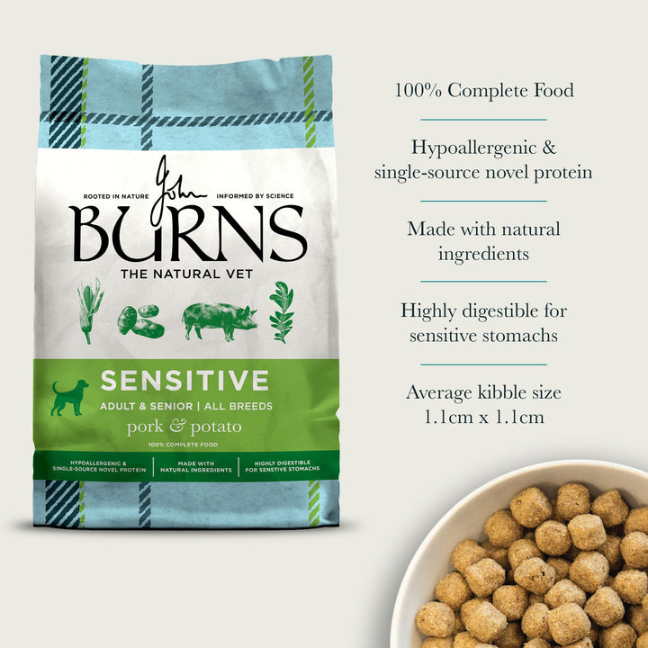 Burns Sensitive Pork and Potato bag with kibble and key benefits: hypoallergenic, single source novel protein, highly digestible