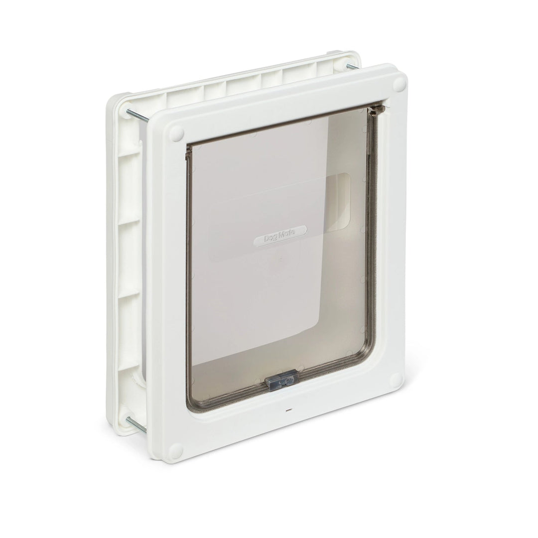Dog Mate 215 white medium dog door, angled view showing the self lining tunnel