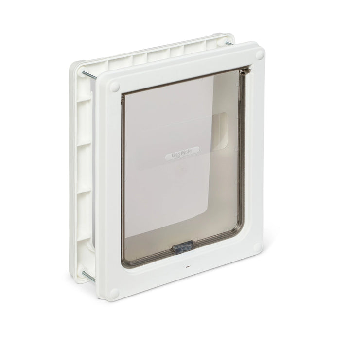 Dog Mate 215 white medium dog door, angled view showing the self lining tunnel