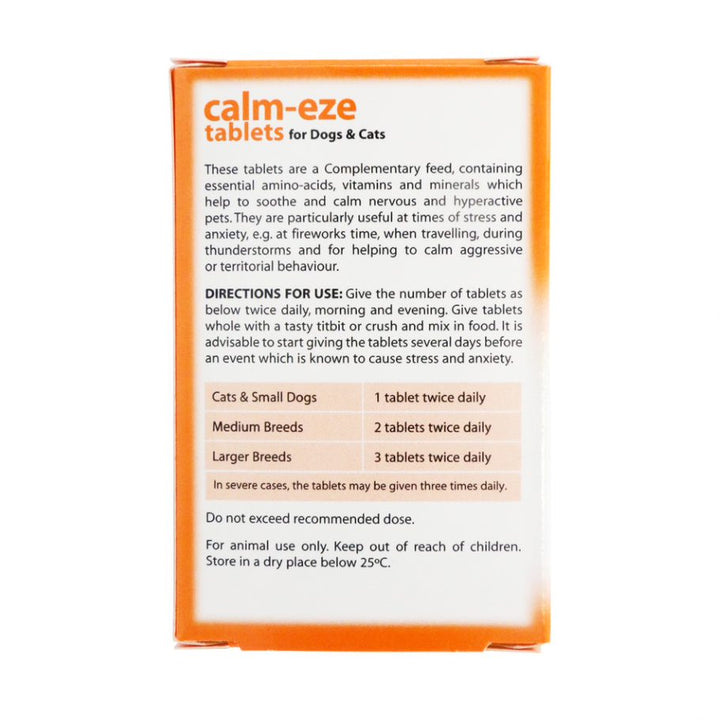 Johnson's Calm-Eze Tablets back of pack with directions and dosage table