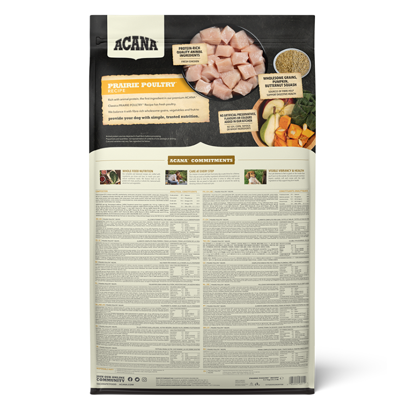 ACANA Classics Prairie Poultry Recipe dry dog food, back of bag with ingredients and nutritional information