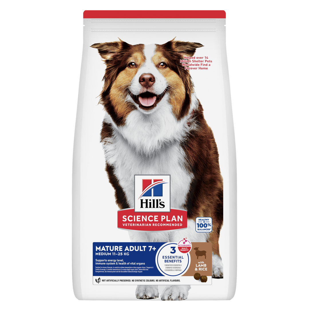 Hill's Science Plan Mature Adult 7+ Medium Breed dog food with lamb and rice 14kg, front of bag