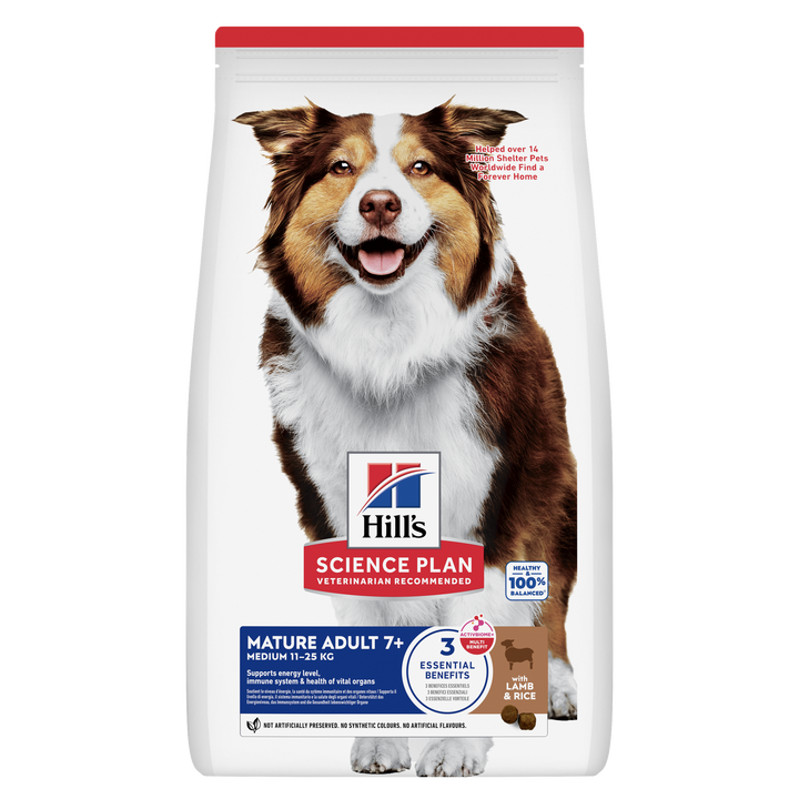 Hill's Science Plan Mature Adult 7+ Medium Breed dog food with lamb and rice 14kg, front of bag