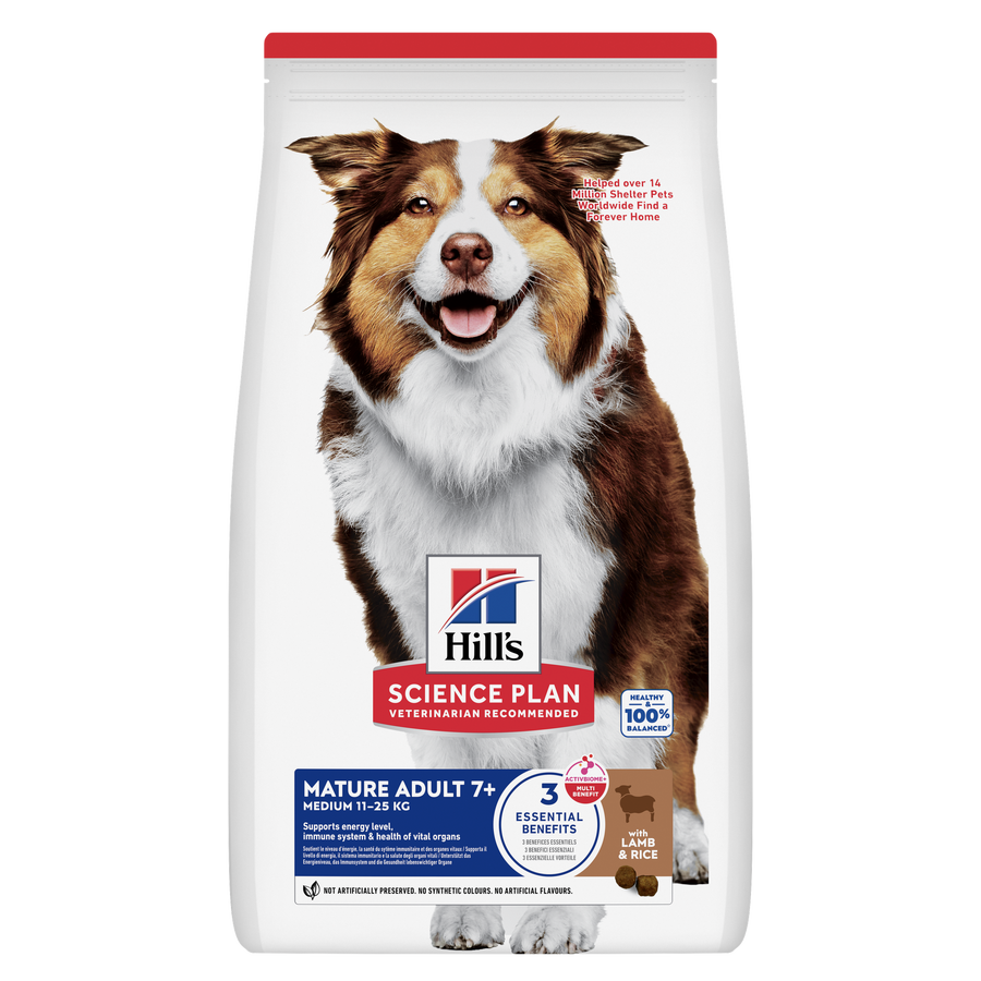Hill's Science Plan Mature Adult 7+ Medium Breed dog food with lamb and rice 14kg, front of bag