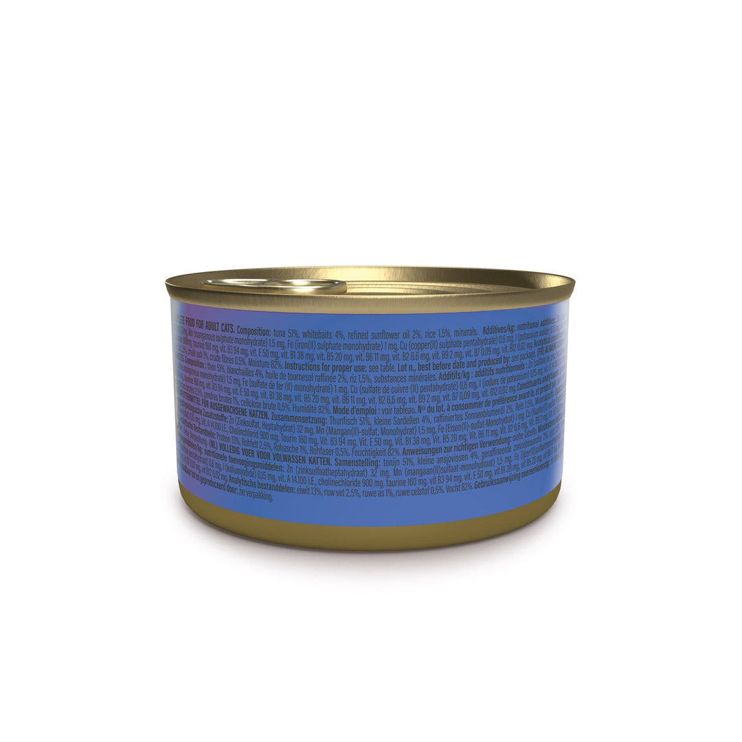 Schesir Tuna with Whitebaits in Jelly 85g can, back label with composition and feeding guide