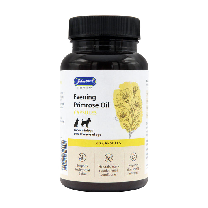 Johnson's Evening Primrose Oil Capsules for cats and dogs, 60 capsule tub, front