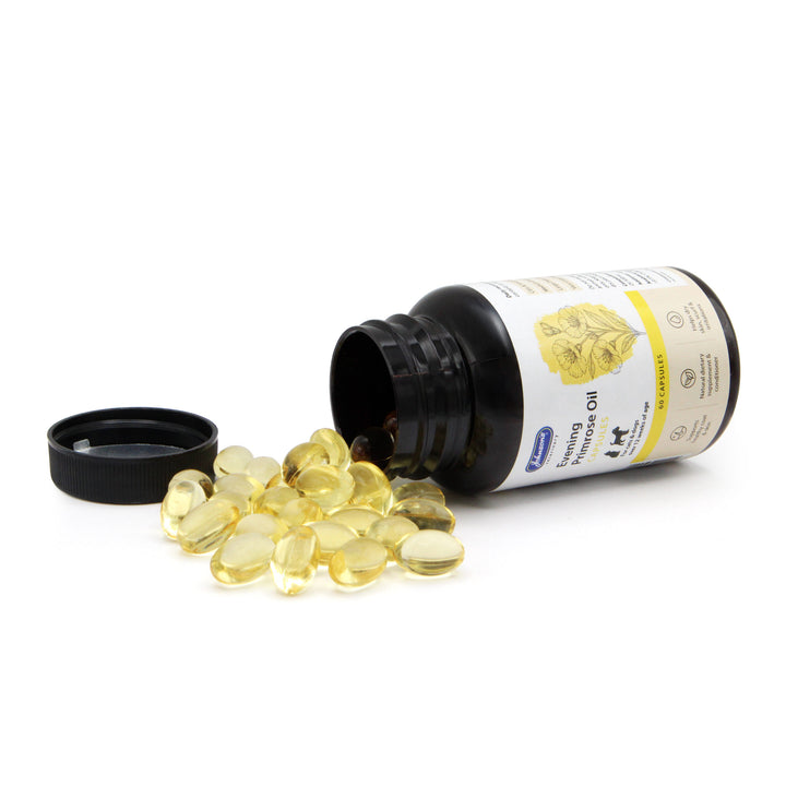 Johnson's Evening Primrose Oil open tub with soft gel capsules