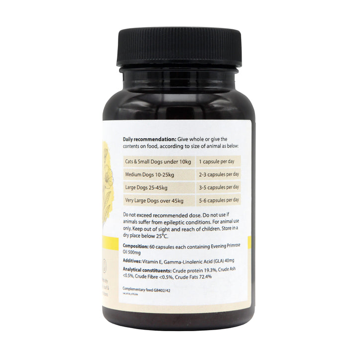 Johnson's Evening Primrose Oil Capsules label with daily dosage guide, composition and analytical constituents