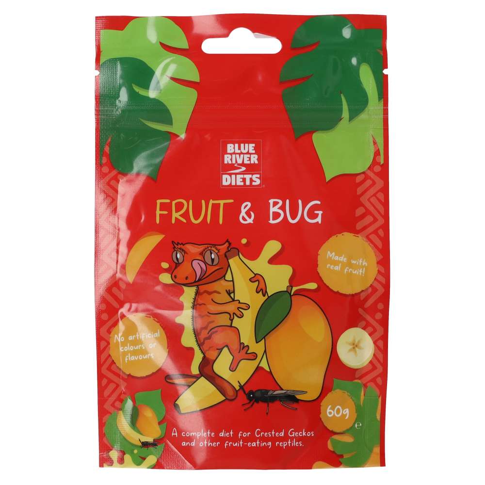 Blue River Diets Fruit and Bug crested gecko food 60g pouch, front