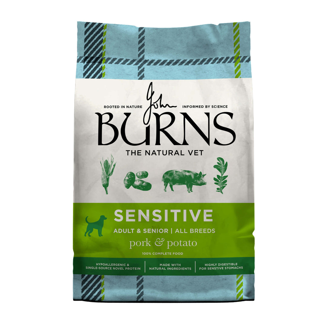 Burns Sensitive Pork and Potato 2kg adult and senior dog food bag, new pack design, front