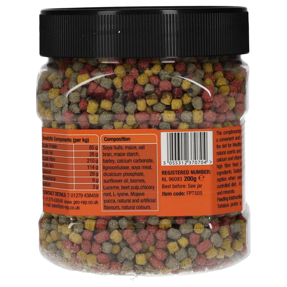 ProRep Tortoise Dry Formula Fruit and Flower Mix 200g tub, composition and barcode label