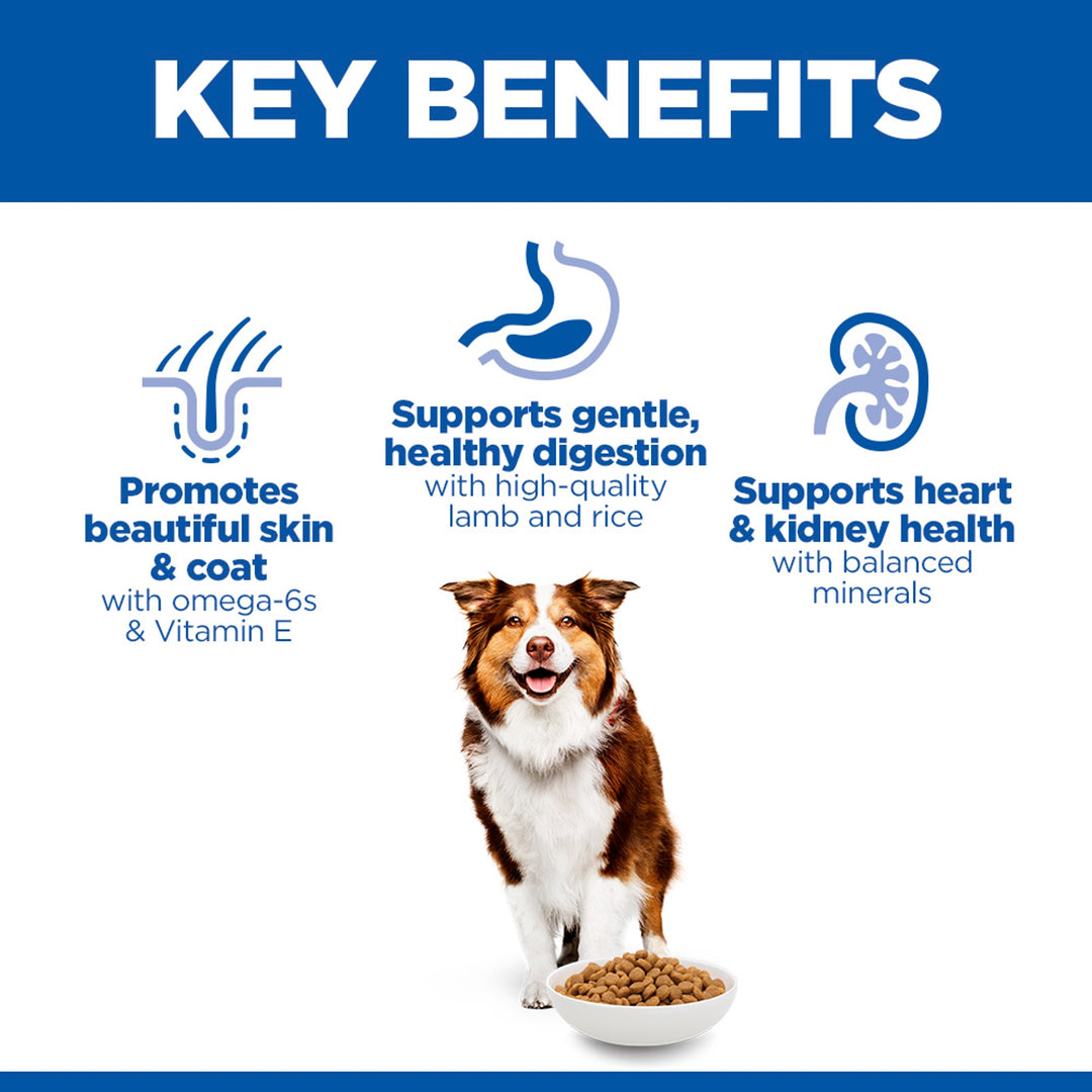 Hill's Mature Adult 7+ Medium lamb and rice key benefits: skin and coat, gentle digestion, heart and kidney health