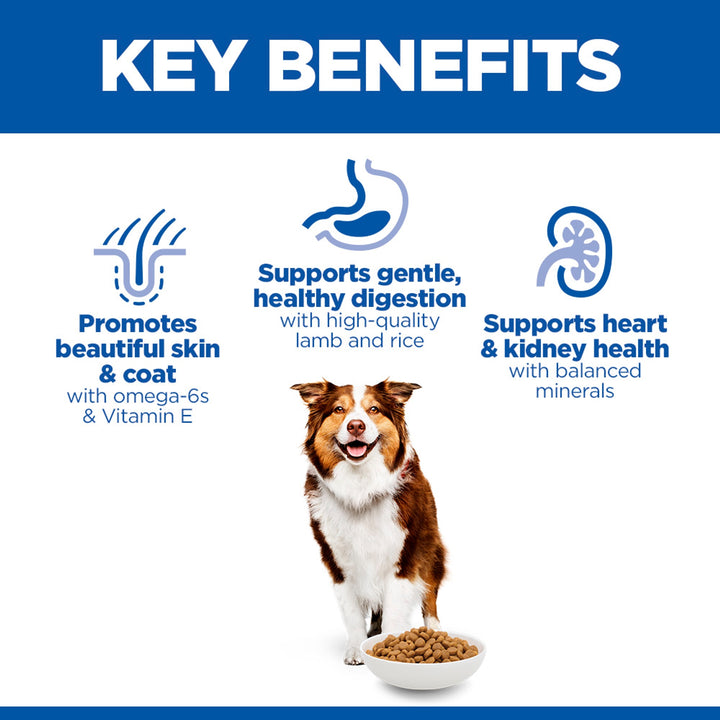 Hill's Mature Adult 7+ Medium lamb and rice key benefits: skin and coat, gentle digestion, heart and kidney health