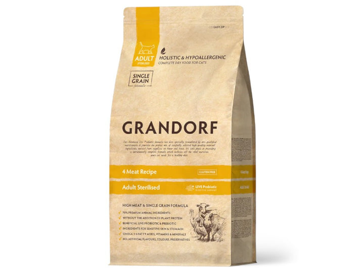 Grandorf 4 Meat Recipe Adult Sterilised single grain dry cat food bag, front of pack