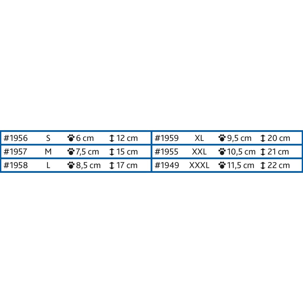 Trixie Walker Care Protective Dog Boots size chart showing paw width and boot height for each size