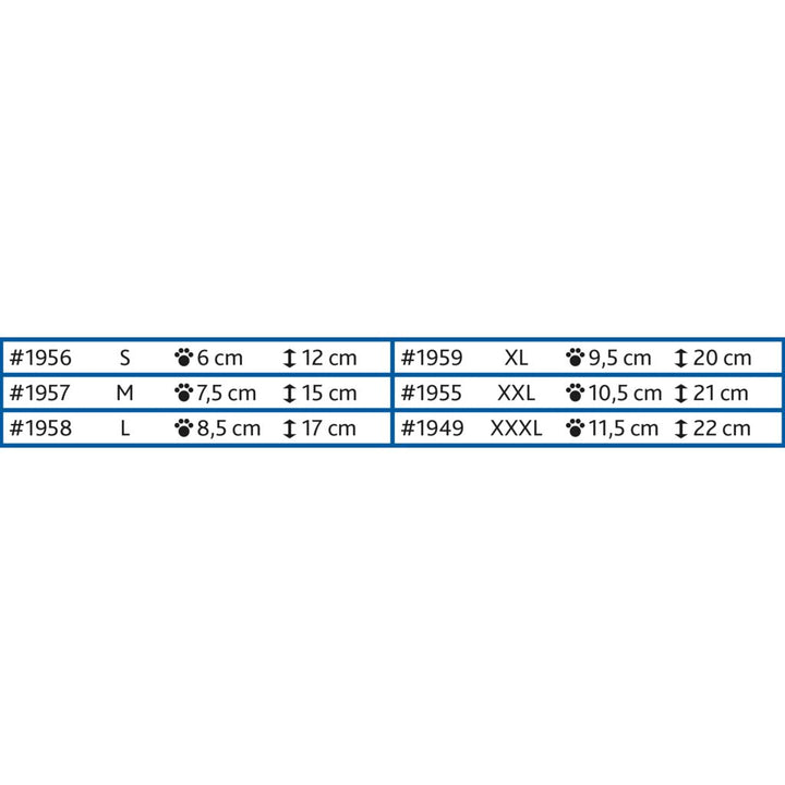Trixie Walker Care Protective Dog Boots size chart showing paw width and boot height for each size