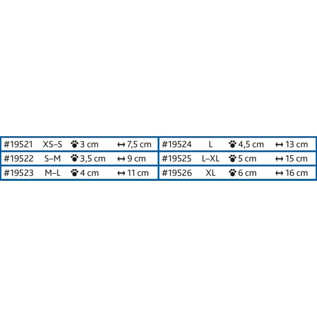 Trixie non-slip dog socks size chart showing measurements for sizes XS to S through XL