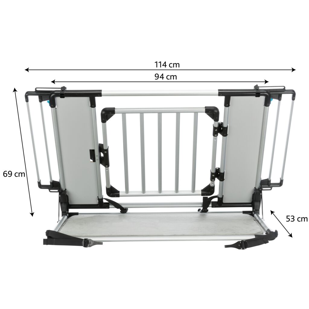 Trixie Universal Rear Car Grid dimensions: 94cm to 114cm wide, 69cm high, 53cm deep