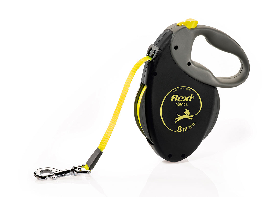 Flexi Giant L 8m retractable tape dog lead, black with neon yellow tape