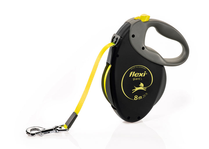 Flexi Giant L 8m retractable tape dog lead, black with neon yellow tape