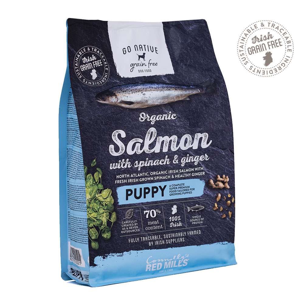 Go Native Puppy Organic Salmon with Spinach & Ginger dog food bag, front of pack