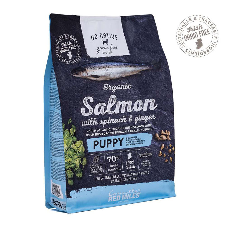 Go Native Puppy Organic Salmon with Spinach & Ginger dog food bag, front of pack