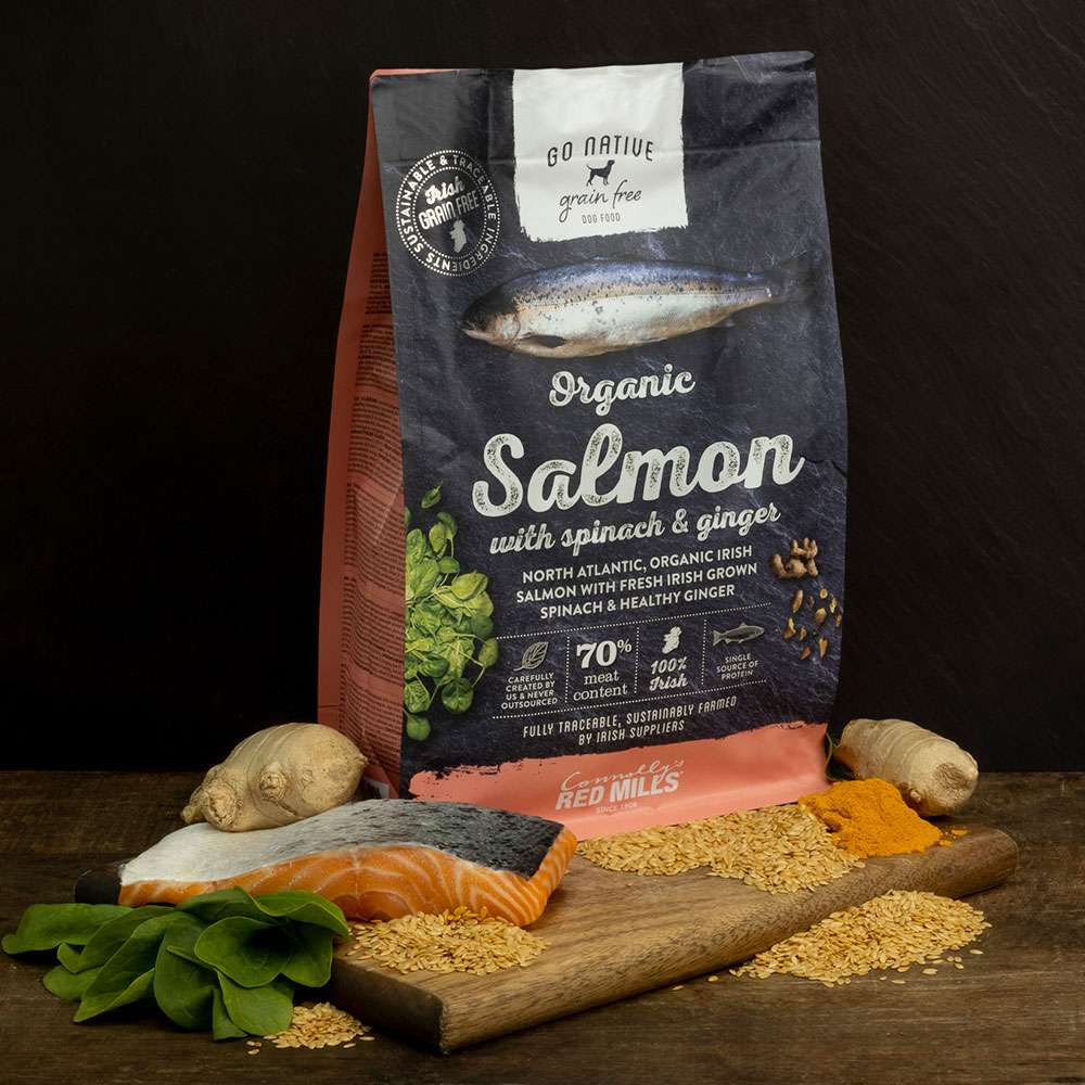 Red Mills Go Native Organic Salmon with Spinach & Ginger bag with fresh salmon, spinach and ginger