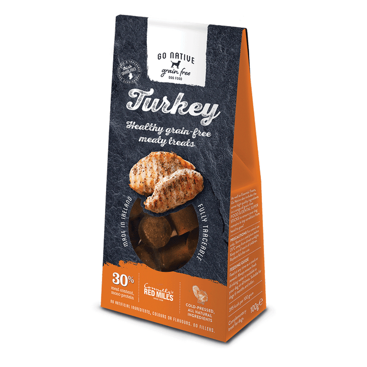 Go Native Turkey grain free dog treats 100g pack, front