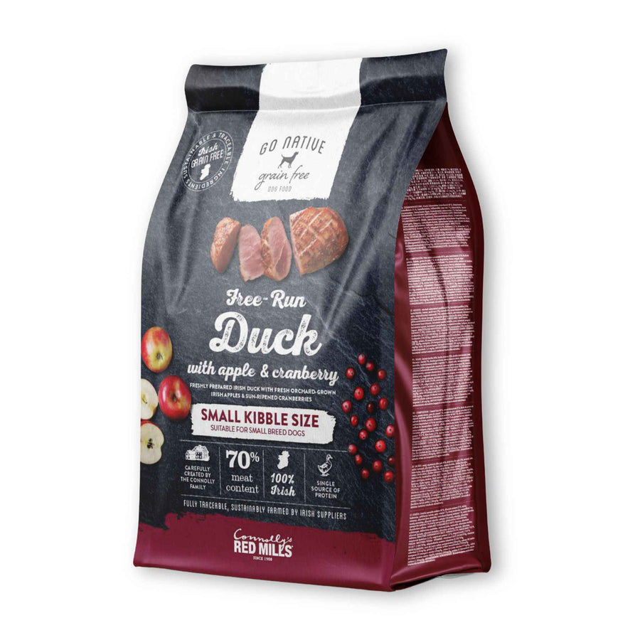 Red Mills Go Native Small Kibble Free Run Duck with Apple & Cranberry grain free dog food bag, front of pack