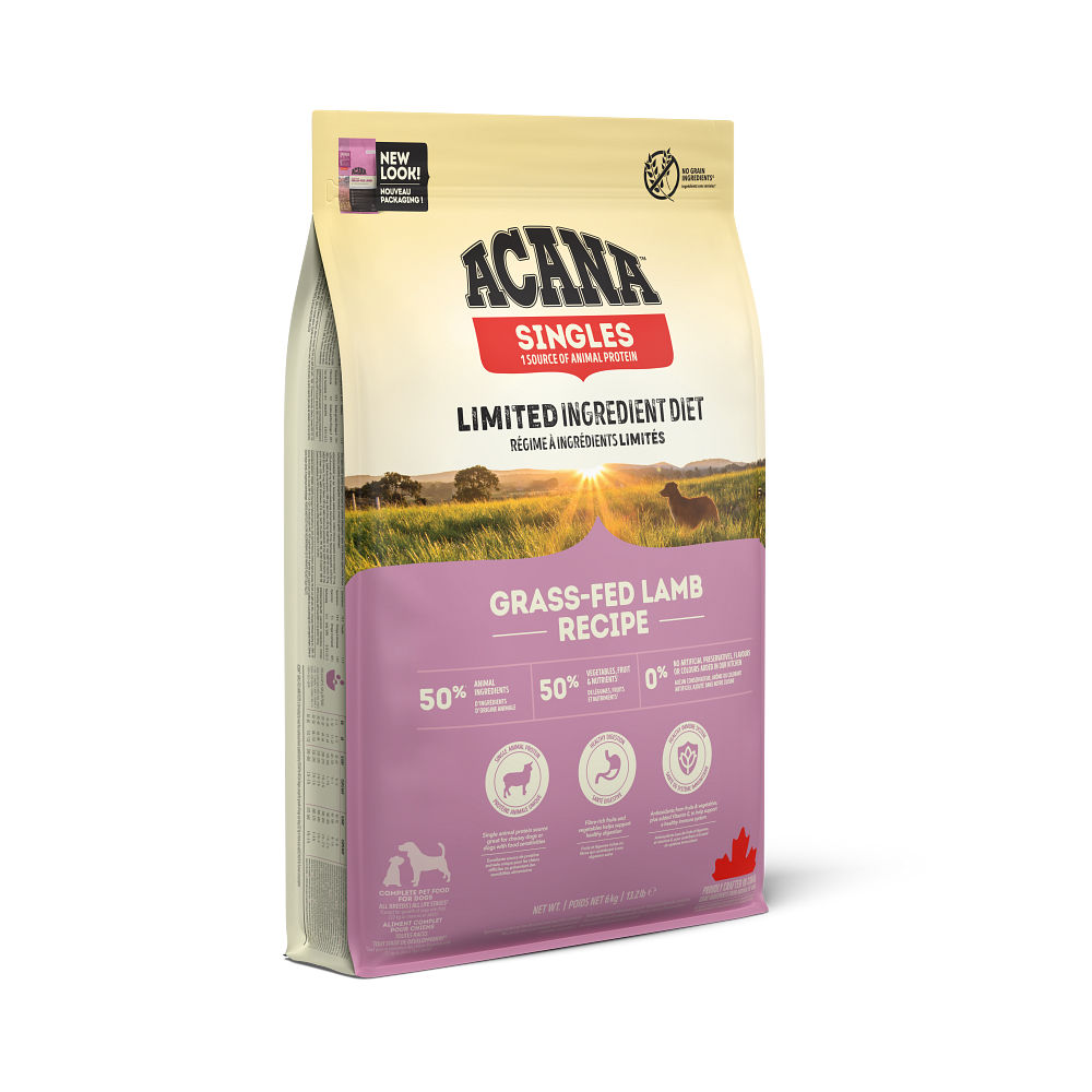 ACANA Singles Limited Ingredient Diet Grass Fed Lamb Recipe dry dog food bag, new pack design, front