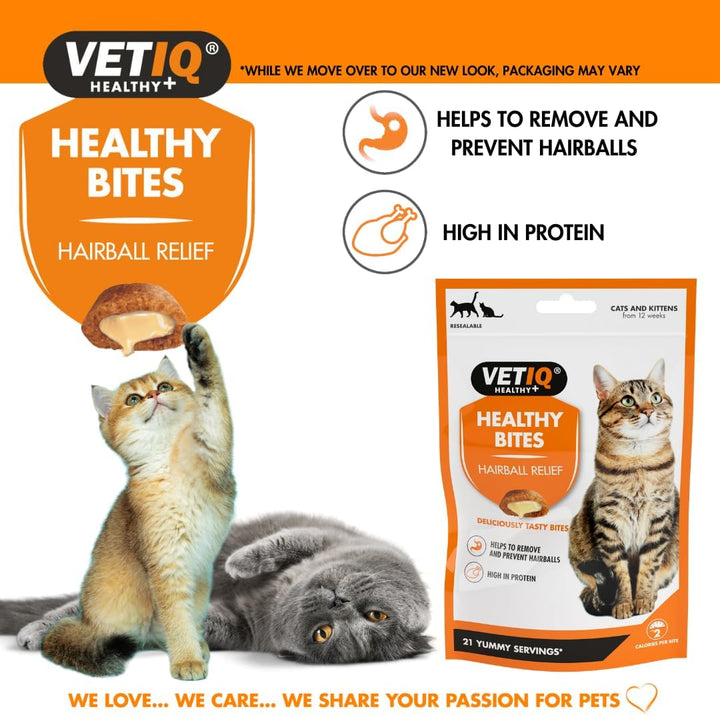VetIQ Healthy Bites Hairball Relief cat treats 65g pouch with cats: helps remove and prevent hairballs, high in protein