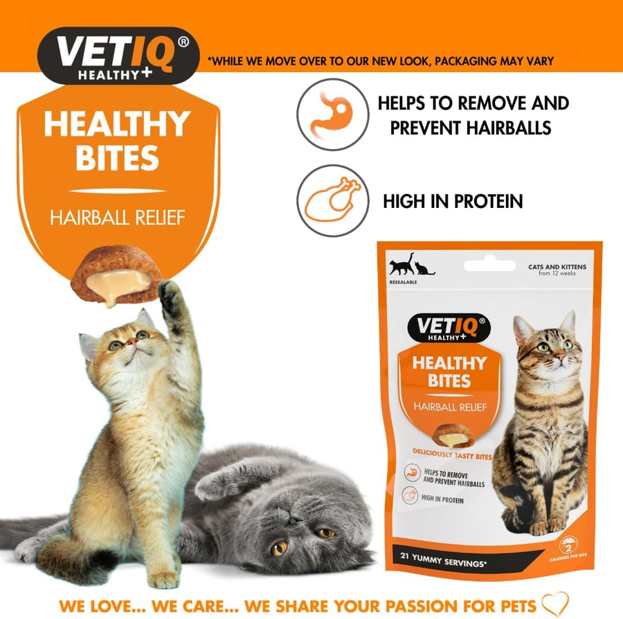 VetIQ Healthy Bites Hairball Relief cat treats 65g pouch with cats: helps remove and prevent hairballs, high in protein