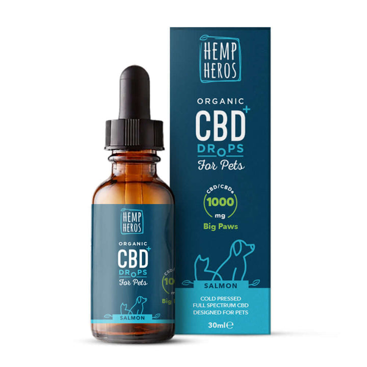Hemp Heros Organic CBD+ Drops for Pets 1000mg Big Paws, salmon, 30ml bottle and box