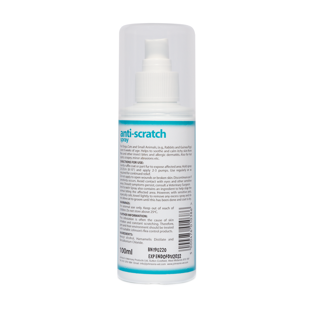 Johnson's Anti Scratch Spray 100ml, back label with directions, warnings and ingredients