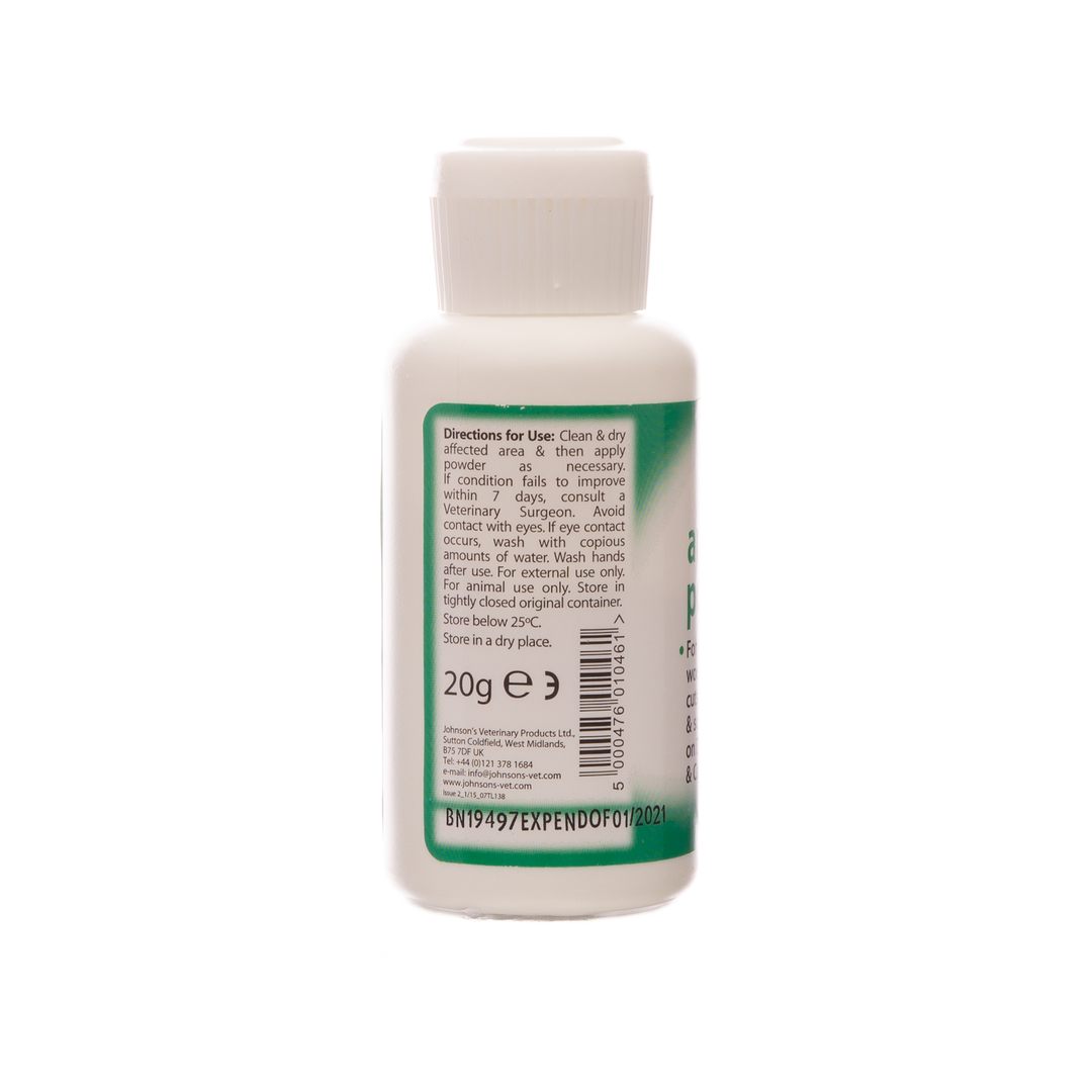 Johnson's Antibacterial Powder 20g bottle, back label with directions for use and storage