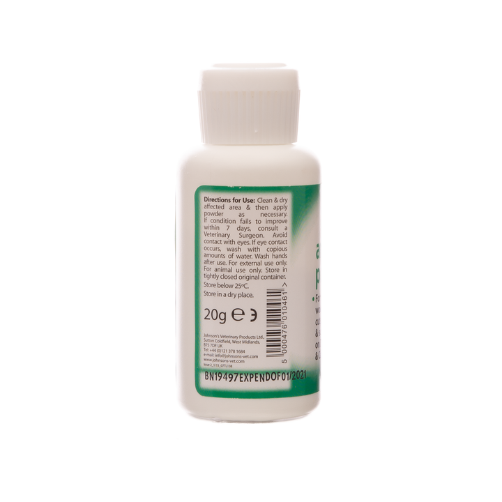 Johnson's Antibacterial Powder 20g bottle, back label with directions for use and storage