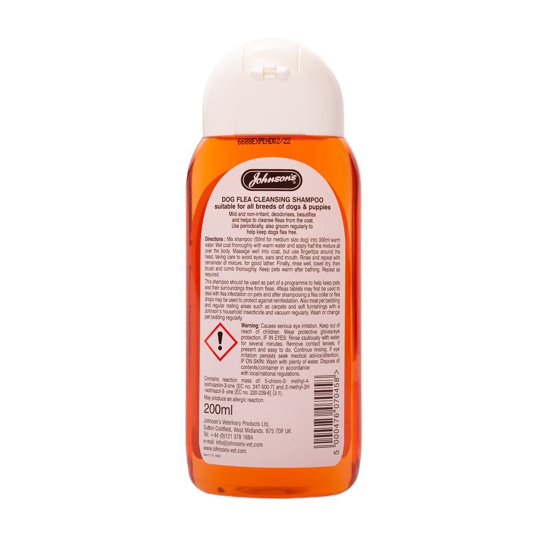 Johnson's Dog Flea Cleansing Shampoo 200ml, back of bottle with directions and warnings
