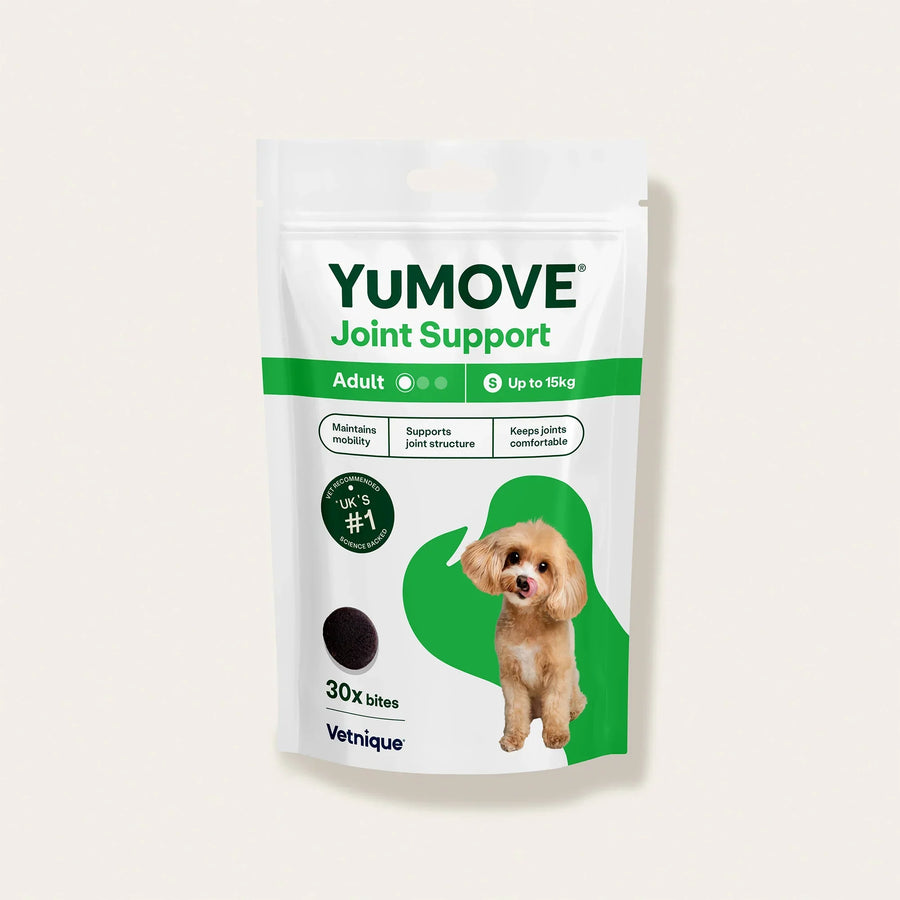YuMOVE Joint Support One-A-Day Bites for small adult dogs up to 15kg, 30 bites pouch, front of pack