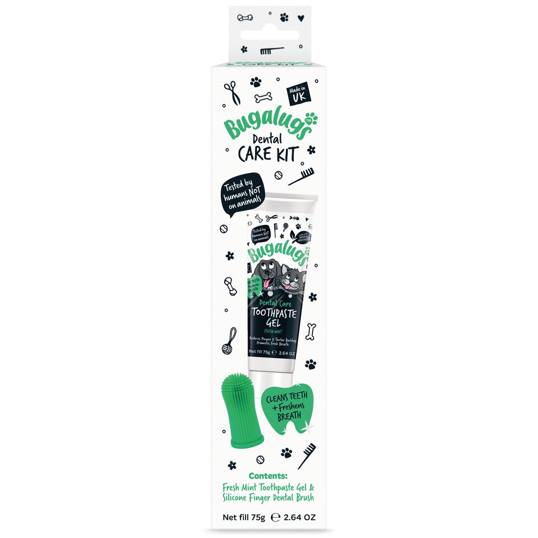 Bugalugs Dental Care Kit box: Fresh Mint Toothpaste Gel 75g and silicone finger brush