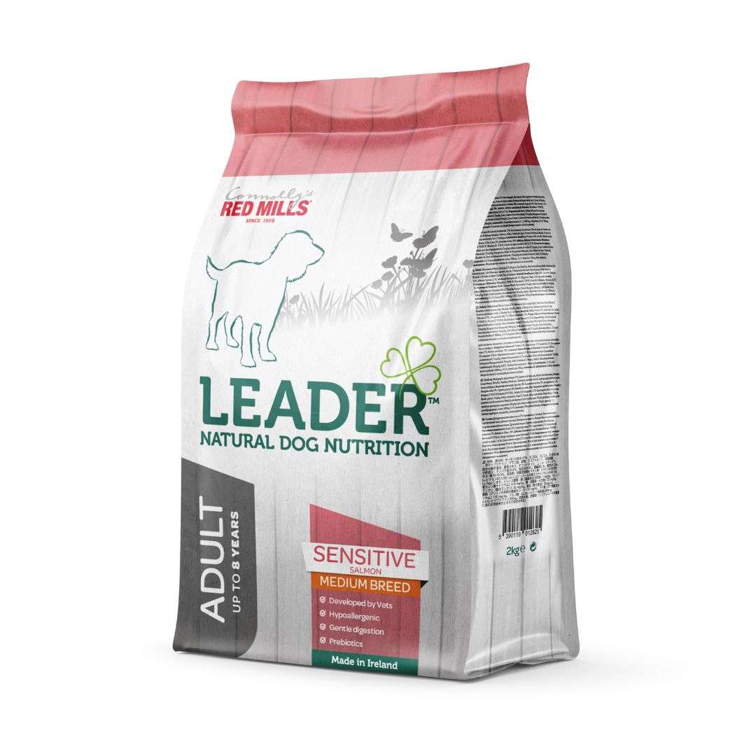Red Mills Leader Adult Sensitive Medium Breed Salmon dog food bag, front of pack