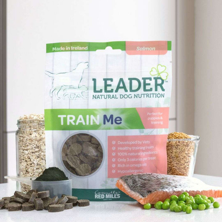 Leader Train Me Salmon dog training treats 130g pack with treats, salmon fillet, peas, oats and algae