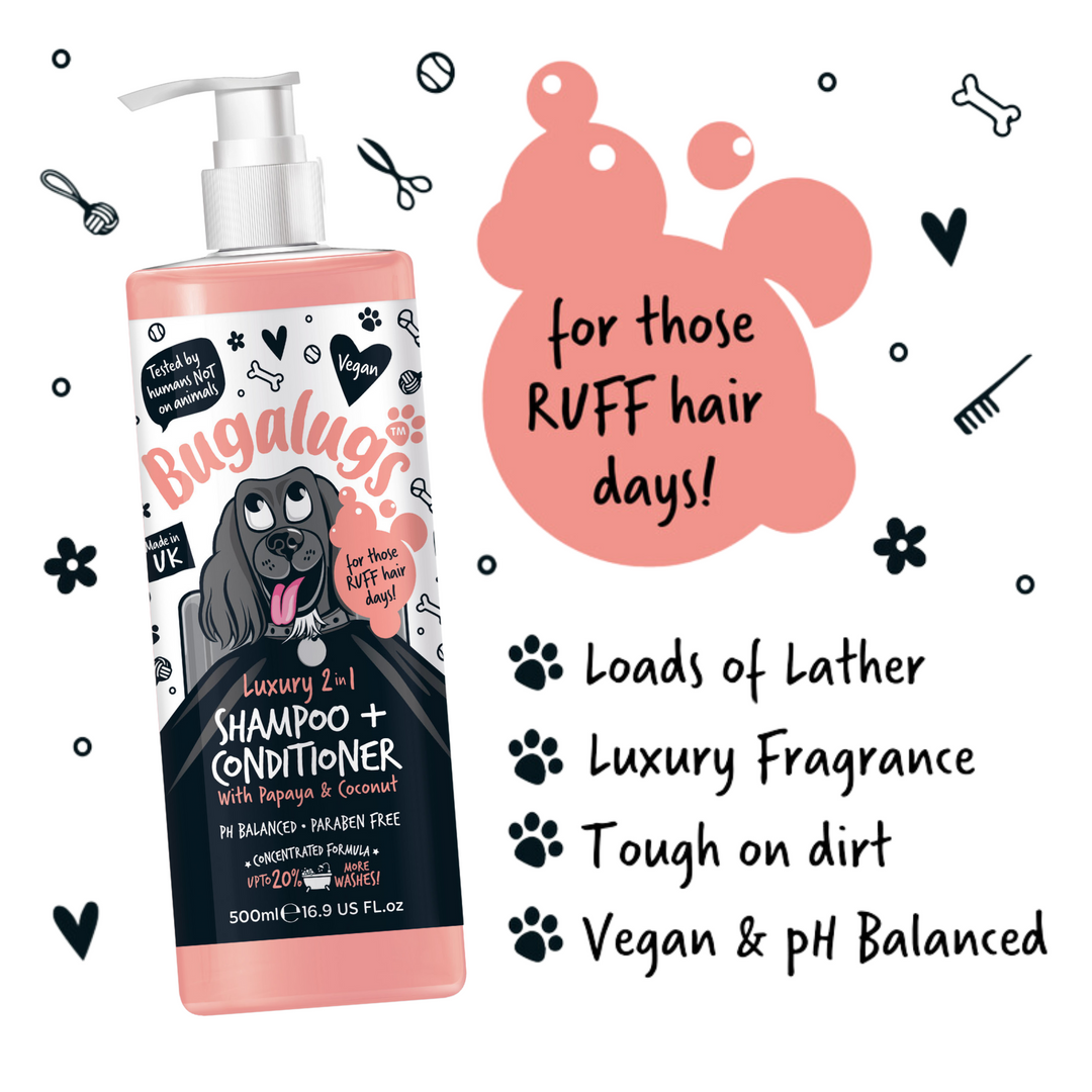 Bugalugs Luxury 2 in 1 Shampoo and Conditioner 500ml: loads of lather, luxury fragrance, tough on dirt, vegan and pH balanced