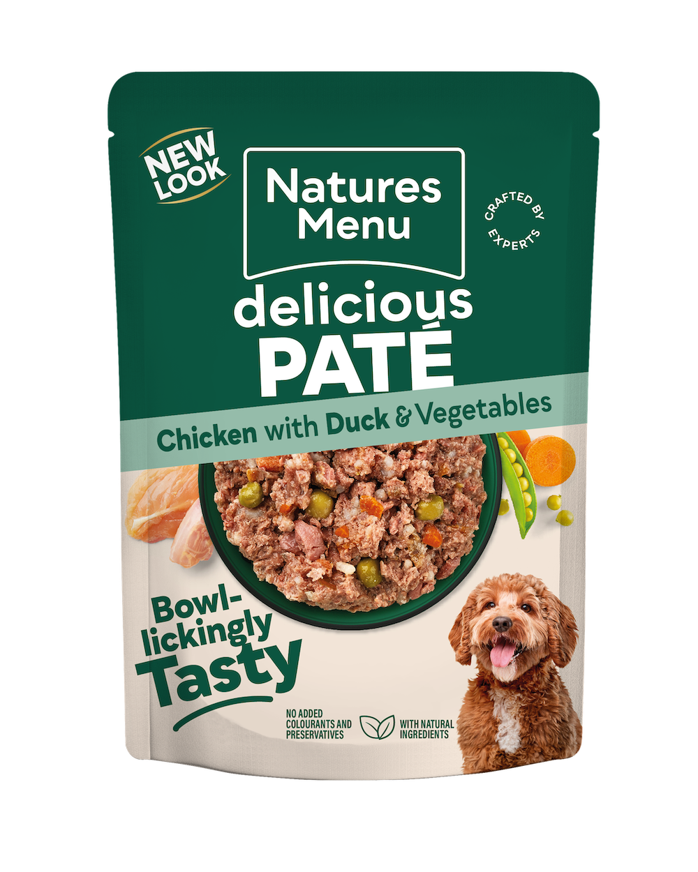 Natures Menu Delicious Pâté Chicken with Duck and Vegetables 300g dog food pouch, front of pack