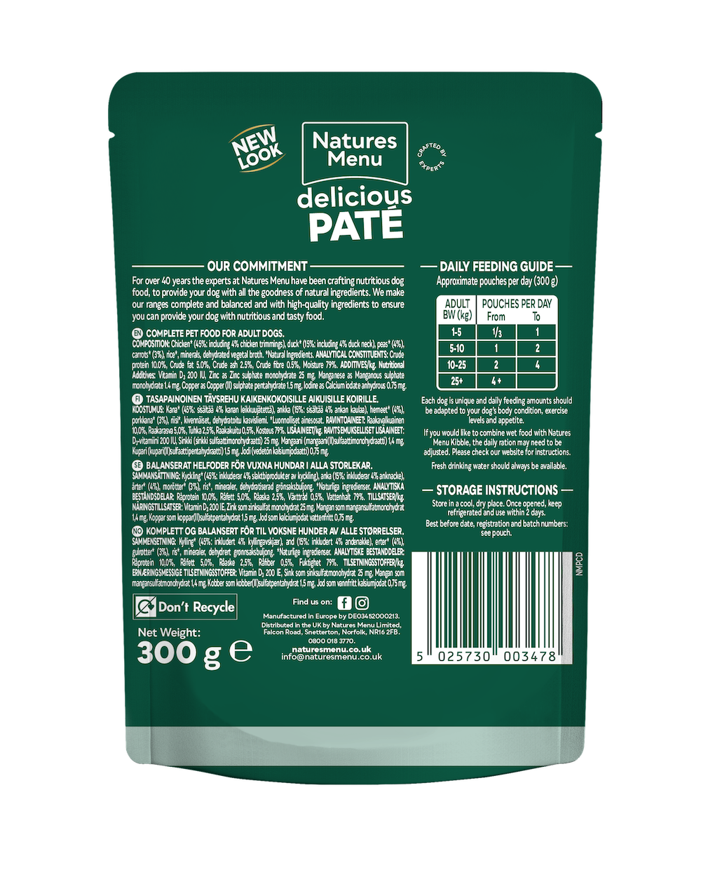 Natures Menu Chicken with Duck 300g pouch, back of pack with composition and daily feeding guide