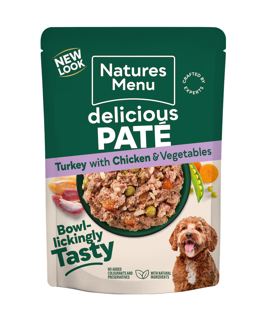 Natures Menu Delicious Pâté Turkey with Chicken and Vegetables 300g dog food pouch, front of pack