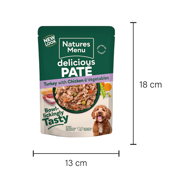 Natures Menu Turkey with Chicken 300g pouch dimensions, 13cm wide by 18cm high